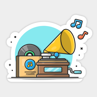 Old Music Player with Gramophone with Vinyl Cartoon Vector Icon Illustration Sticker